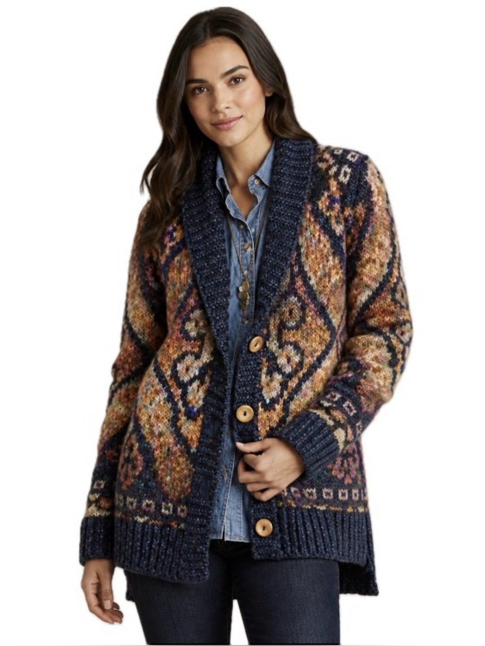 J. Jill, Bloomsburg Boho Print Wool Blend Navy and Orange Cardigan, Size LP